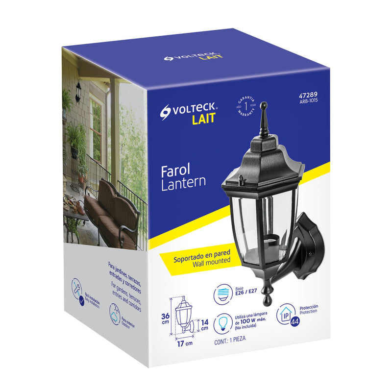 Arbotante Tipo Farol Tradicional Soportado para Exterior Volteck Negro