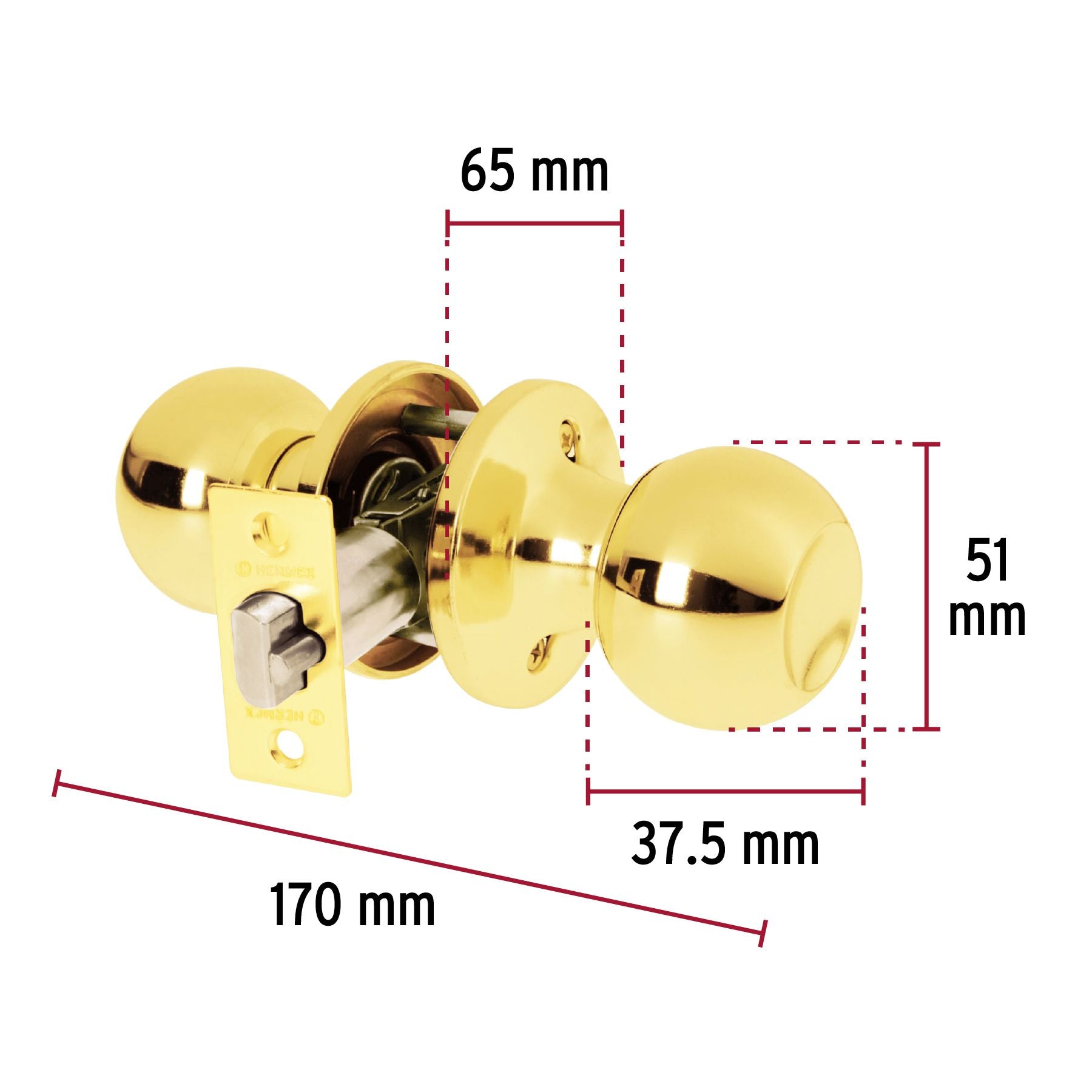 Cerradura Tipo Esfera Tubular HERMEX BASIC Laton Brillante Entrada