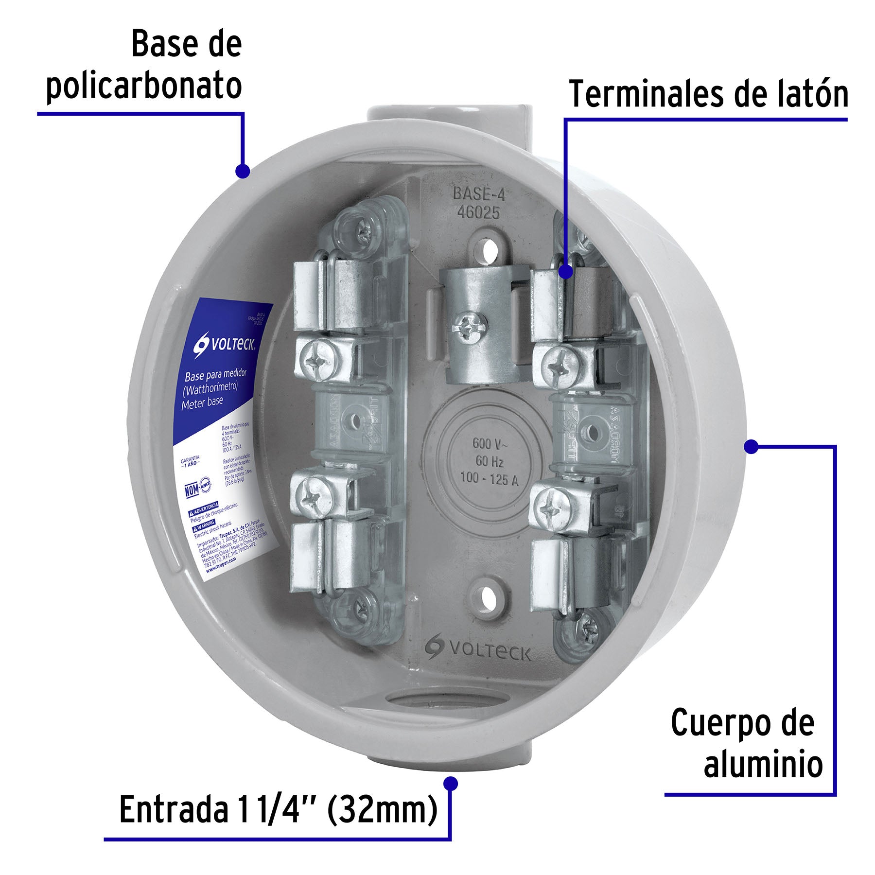 Base para Medidor de Luz 1 Fase 4 Terminales 100A 600V Volteck