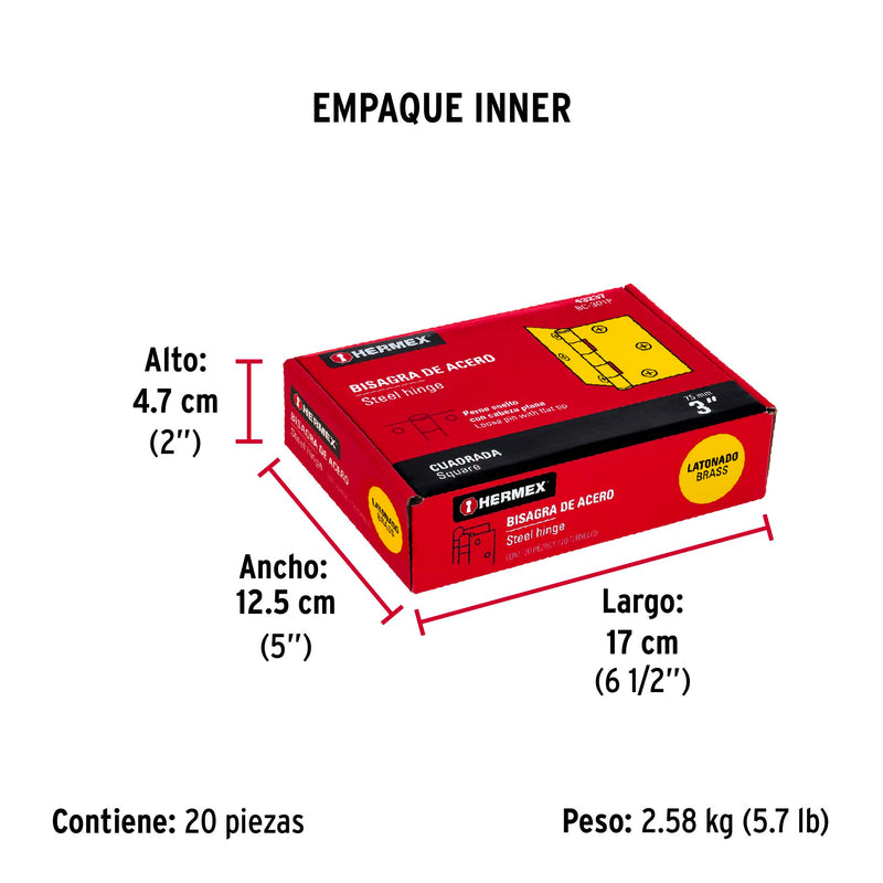 Bisagra Cuadrada Latonada Cabeza Plana Hermex 3"