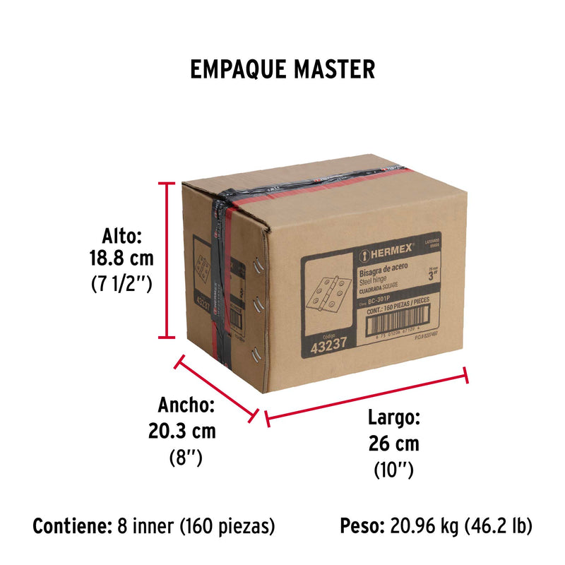 Bisagra Cuadrada Latonada Cabeza Plana Hermex 3"