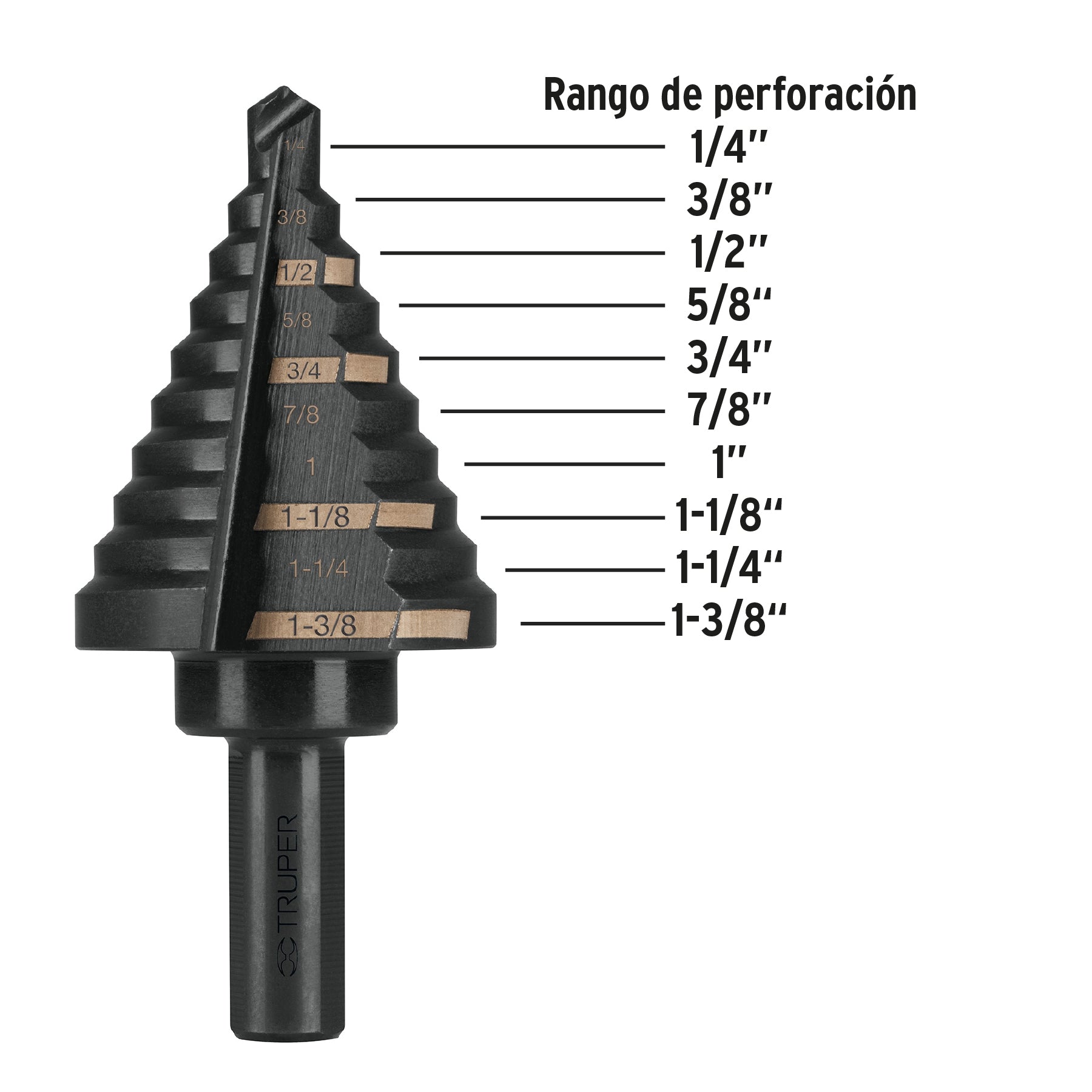 Broca Escalonada Oxido Negro 10 Escalones 1/4 a 1-3/8" Truper
