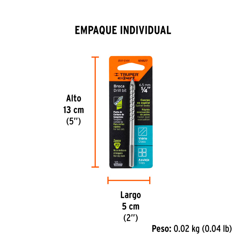Broca para Vidrio y Azulejo 1/4" Truper Expert