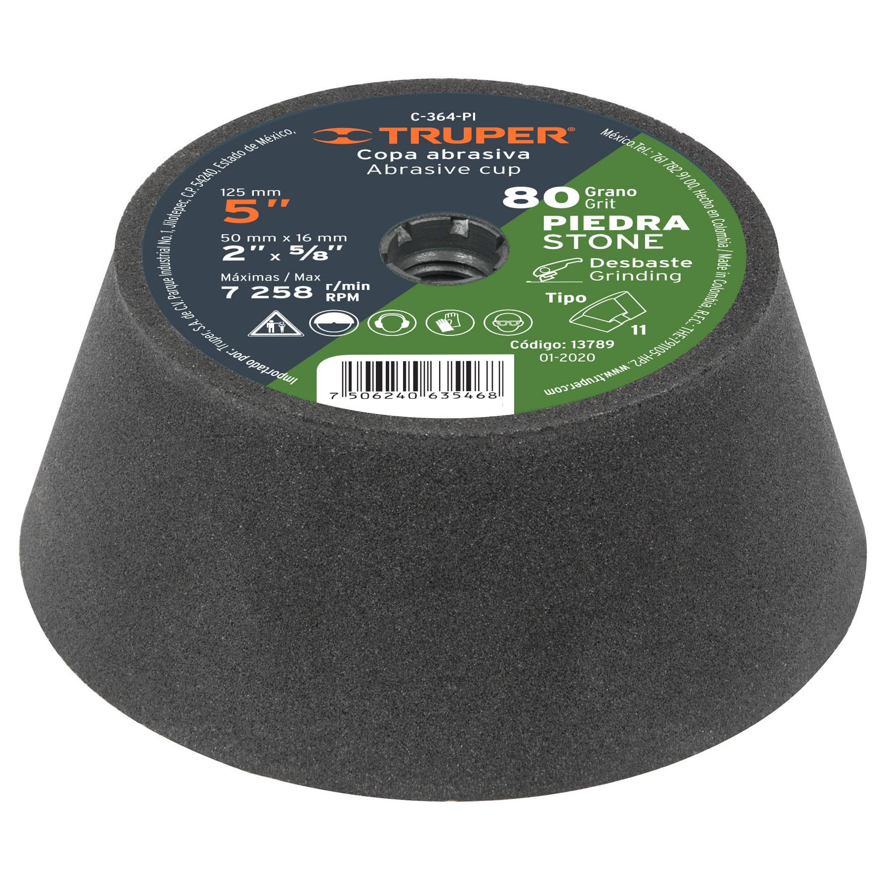 Copa Desbaste de Piedra 5" Eje 5/8-11 Truper Grano 80
