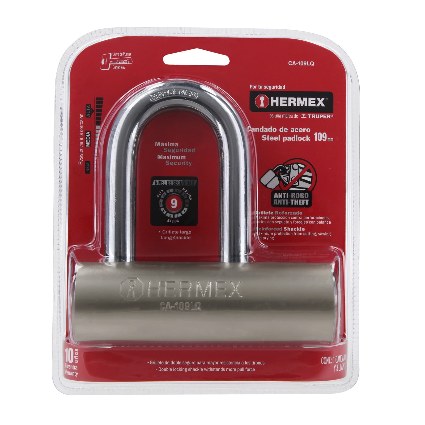 Candado de Acero 109 mm Llave de Puntos Gancho Largo Hermex