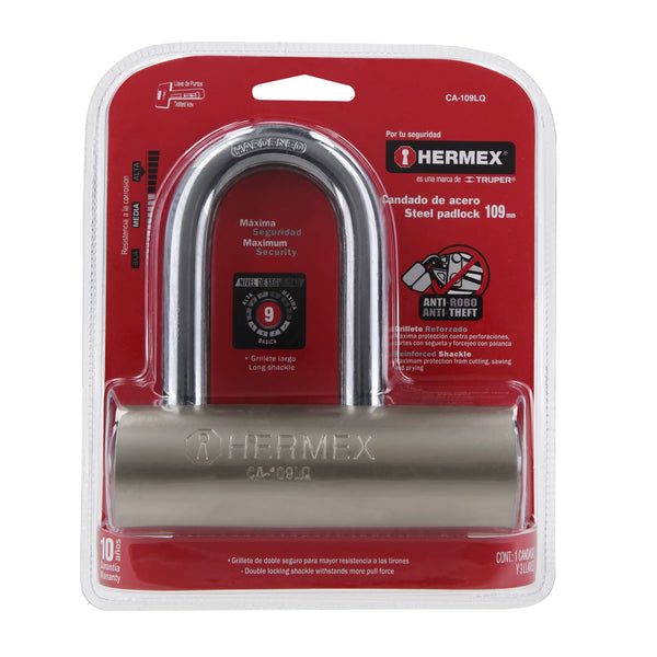 Candado de Acero 109 mm Llave de Puntos Gancho Largo Hermex