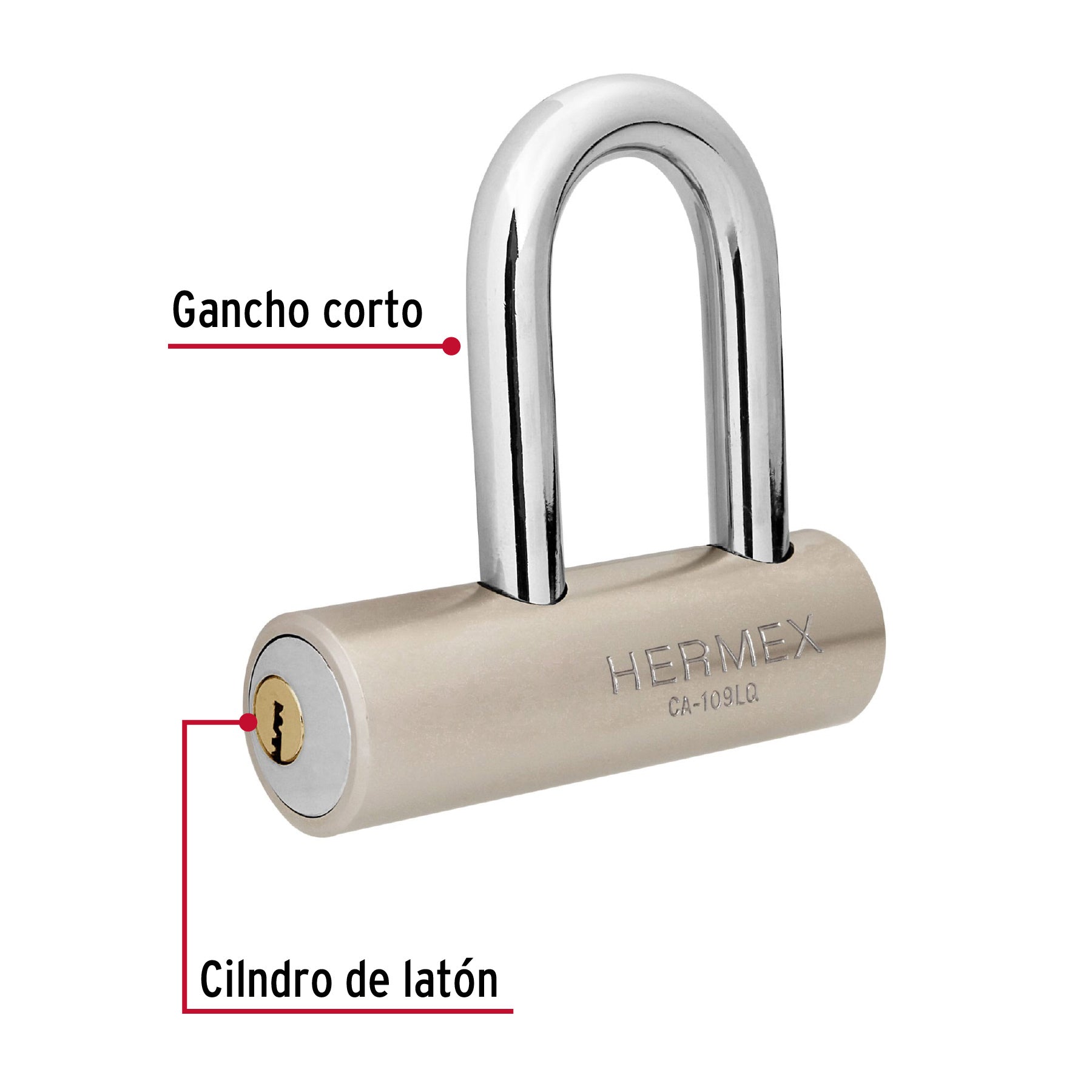 Candado de Acero 109 mm Llave de Puntos Gancho Largo Hermex
