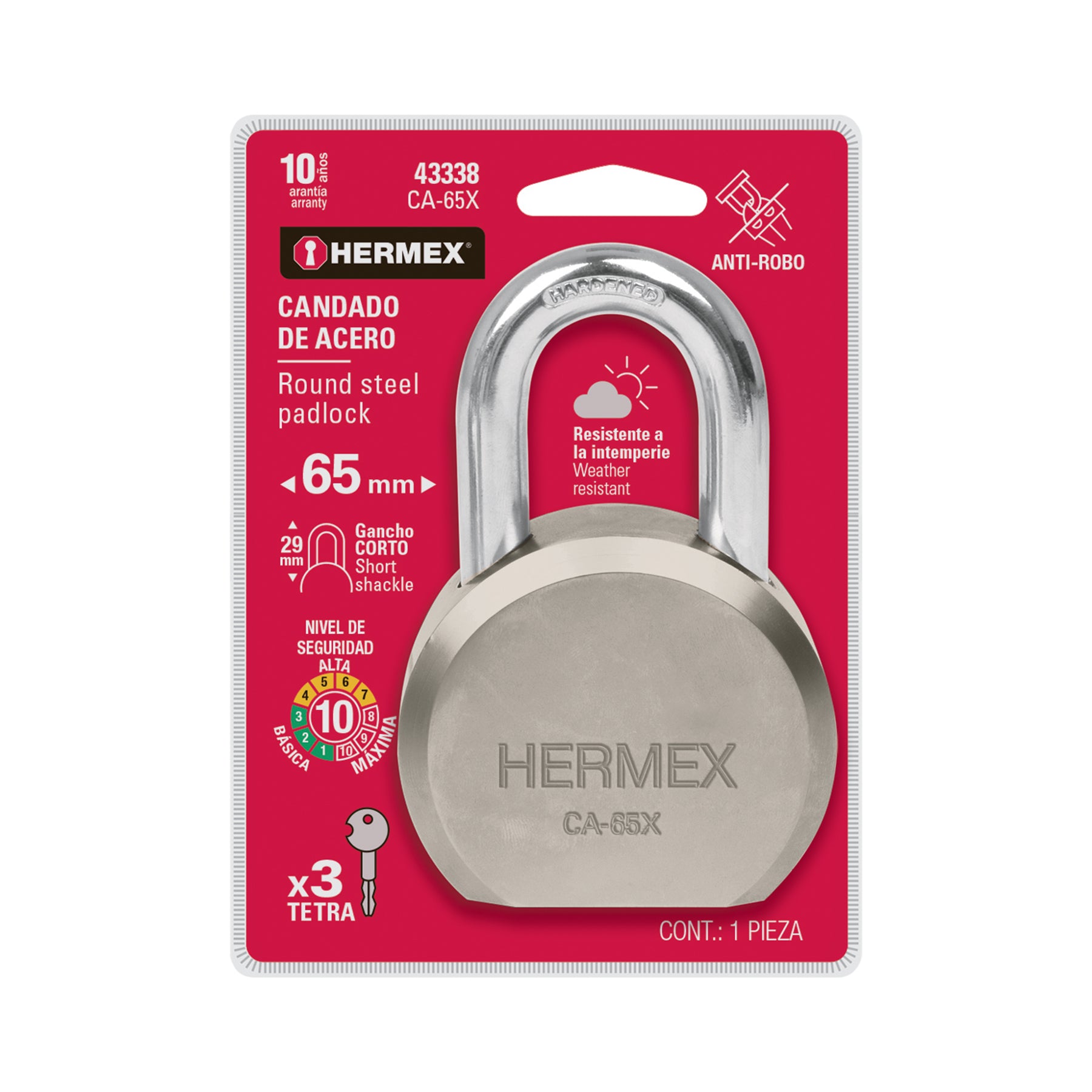 Candado Redondo 65 mm Maxima Seguridad Llave Tetra Hermex Gancho Corto