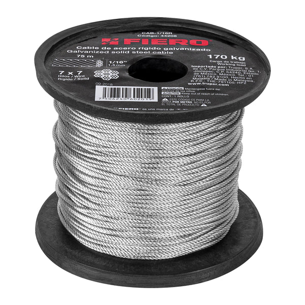 Cable de Acero 7x7 Hilos Fiero 1/16" Carrete 75 Metros