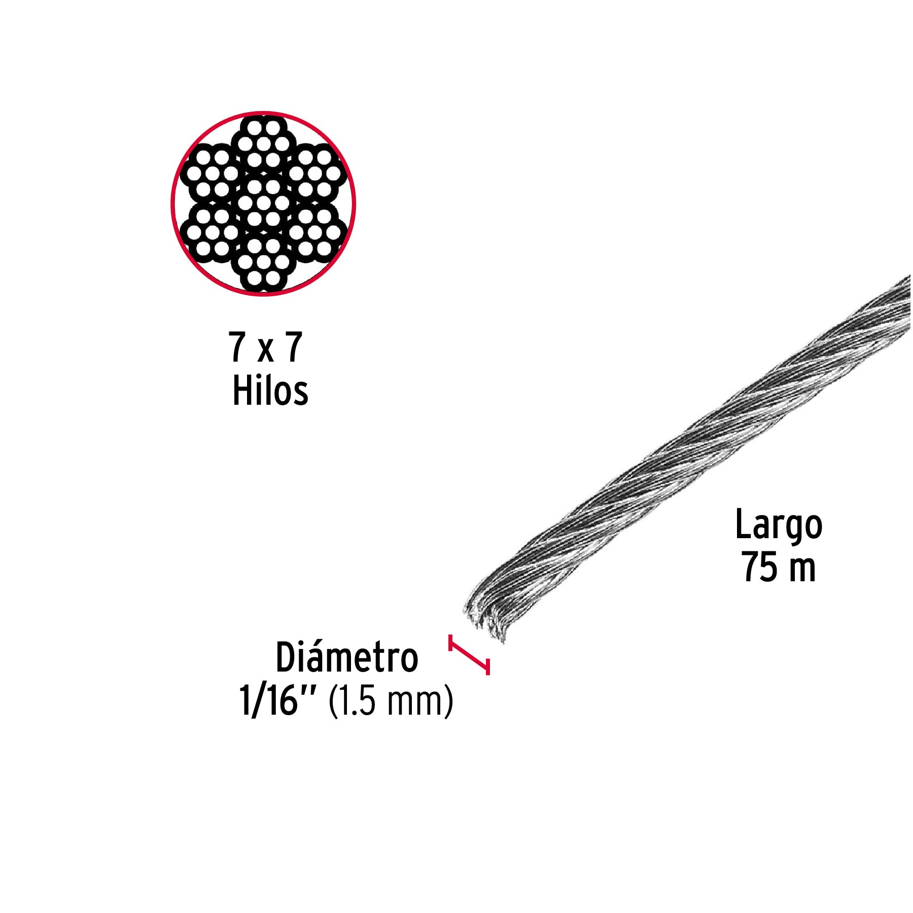 Cable de Acero 7x7 Hilos Fiero 1/16" Carrete 75 Metros