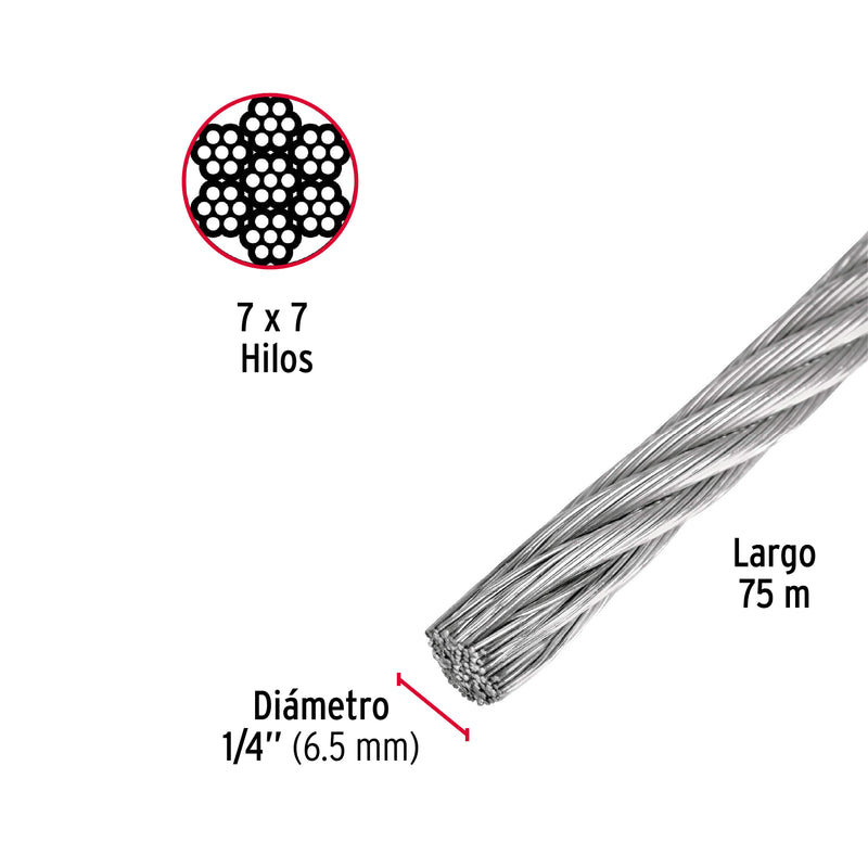 Cable de Acero 7x7 Hilos Fiero 1/4" Carrete 75 Metros