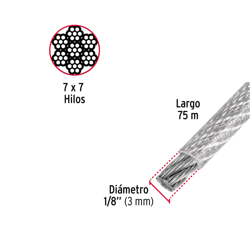 Cable de Acero Recubierto PVC 7x7 Fiero 1/8" Carrete 75 Metros