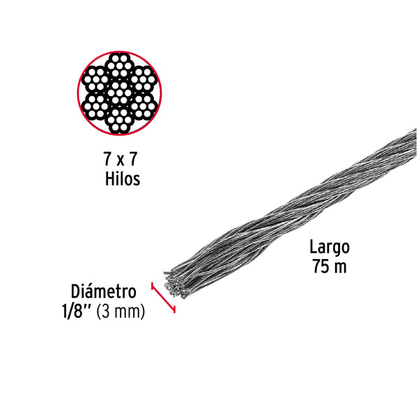 Cable de Acero 7x7 Hilos Fiero 1/8" por Metro