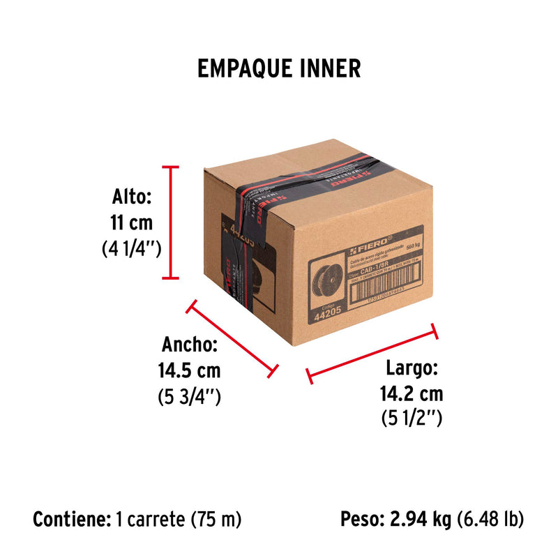 Cable de Acero 7x7 Hilos Fiero 1/8" Carrete 75 Metros