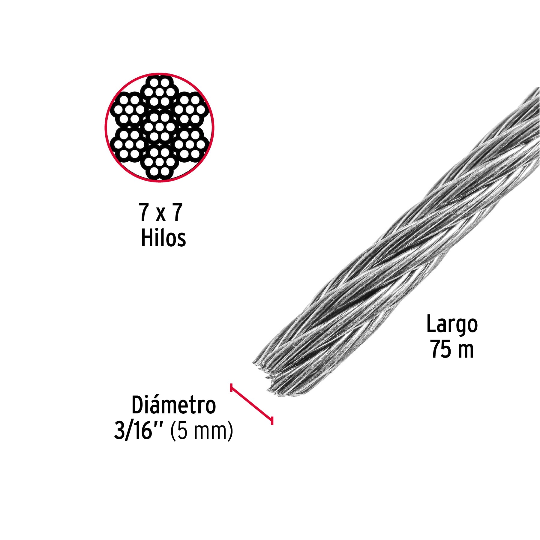 Cable de Acero 7x7 Hilos Fiero 3/16" Carrete 75 Metros