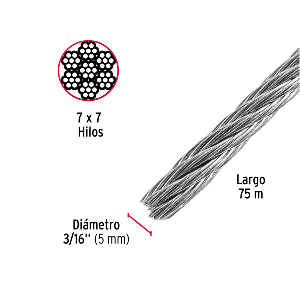 Cable de Acero 7x7 Hilos Fiero 3/16" por Metro