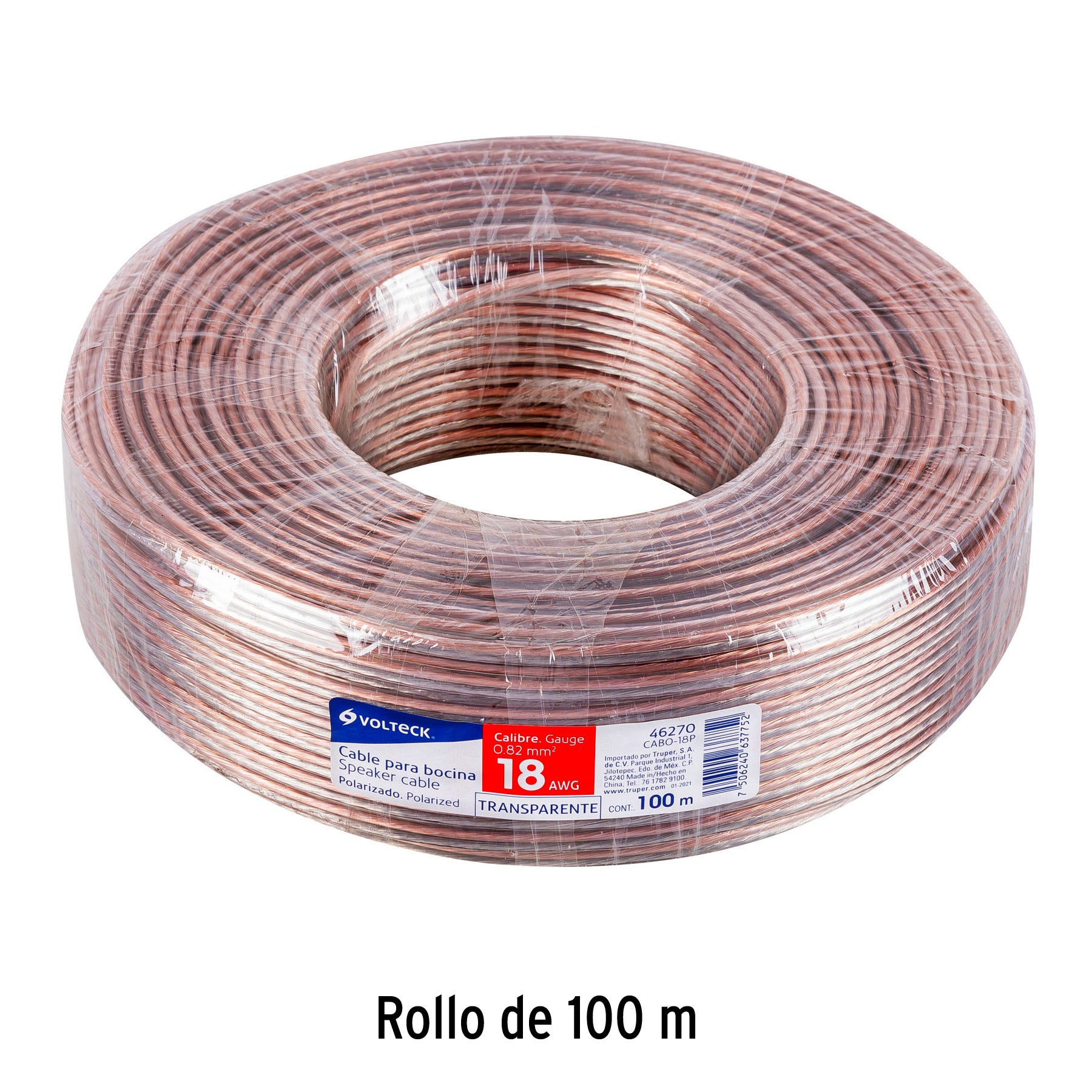Cable Duplex para Bocina 18 AWG Transparente Volteck Rollo 100 Metros