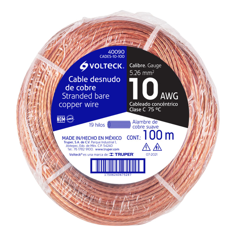 Cable Desnudo de Cobre Calibre 10 AWG Volteck Rollo 100 mts