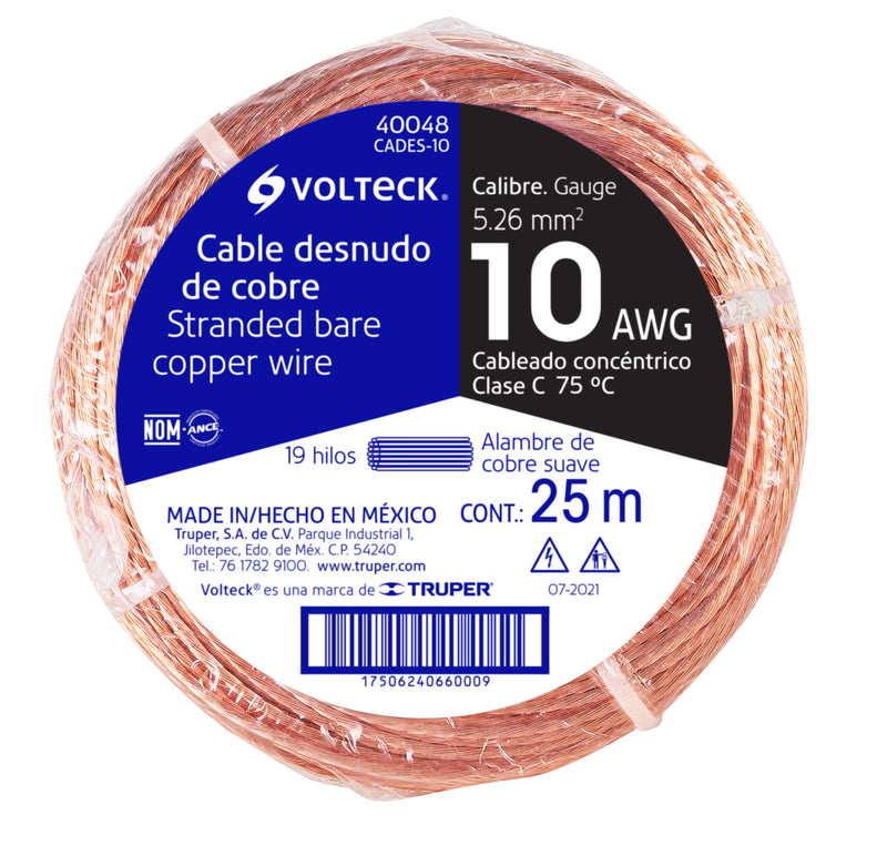 Cable Desnudo de Cobre Calibre 10 AWG Volteck Rollo  25 Mts