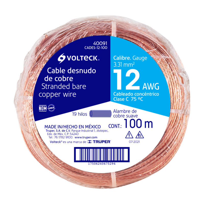 Cable Desnudo de Cobre Calibre 12 AWG Volteck Rollo 100 mts