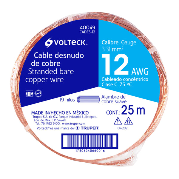 Cable Desnudo de Cobre Calibre 12 AWG Volteck Rollo  25 Mts