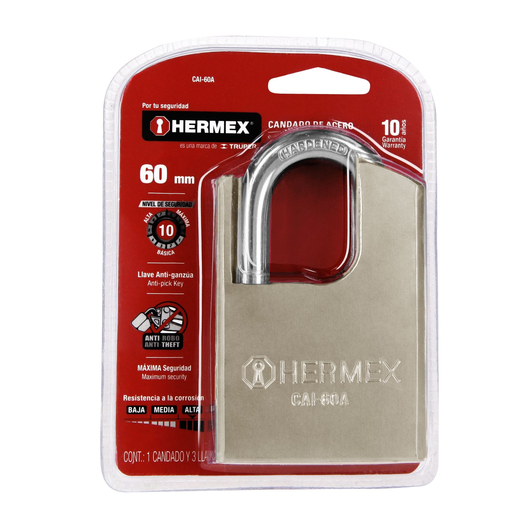 Candado de Acero 60  mm Maxima Seguridad Hermex Gancho Largo