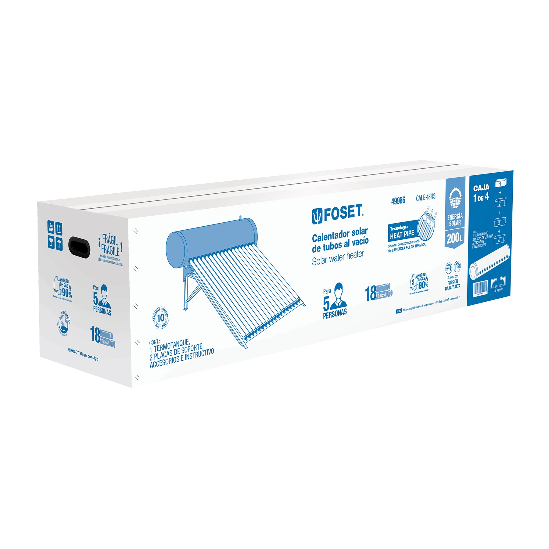 Calentador Solar de Agua de Alta Presion 18 Tubos 200 Litros Foset