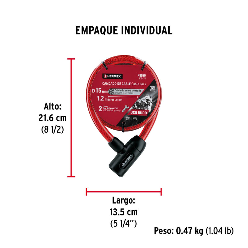 Candado de Cable con Llave 120 cms Hermex