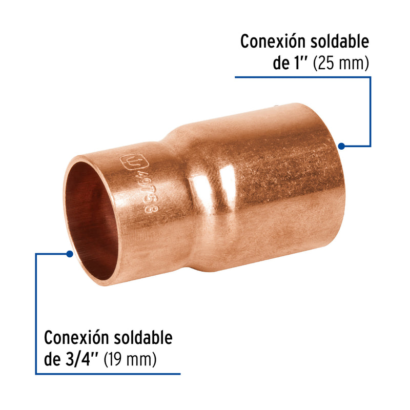 Reduccion Bushing de Cobre 1" (25 mm) X 3/4" (19 mm)