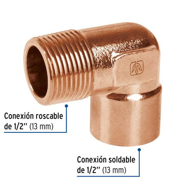 Codo Cobre 90° Rosca Exterior 1/2" (13 mm) Copperflow