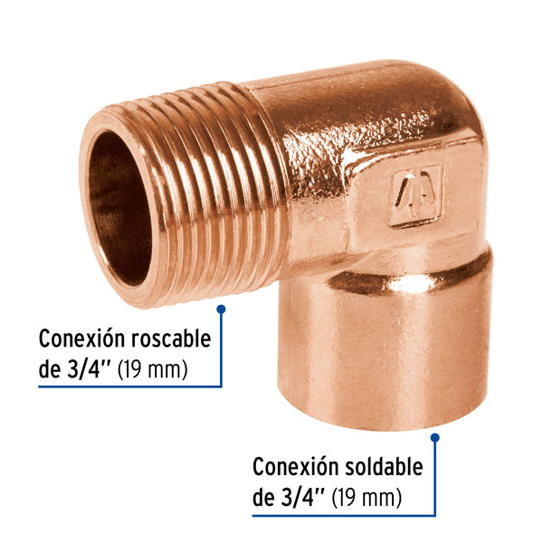 Codo Cobre 90° Rosca Exterior 3/4" (19 mm) Copperflow