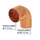 Codo Cobre 90° Reducido 1" X 3/4" (25 mm x 19 mm) Foset