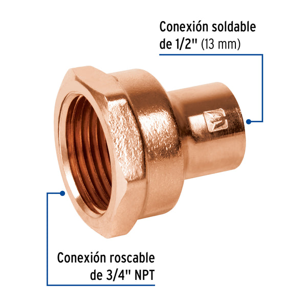 Conector Cobre Reducido Interior 1/2" (13 mm) Soldable X 3/4" (19 mm) Roscable Copperflow