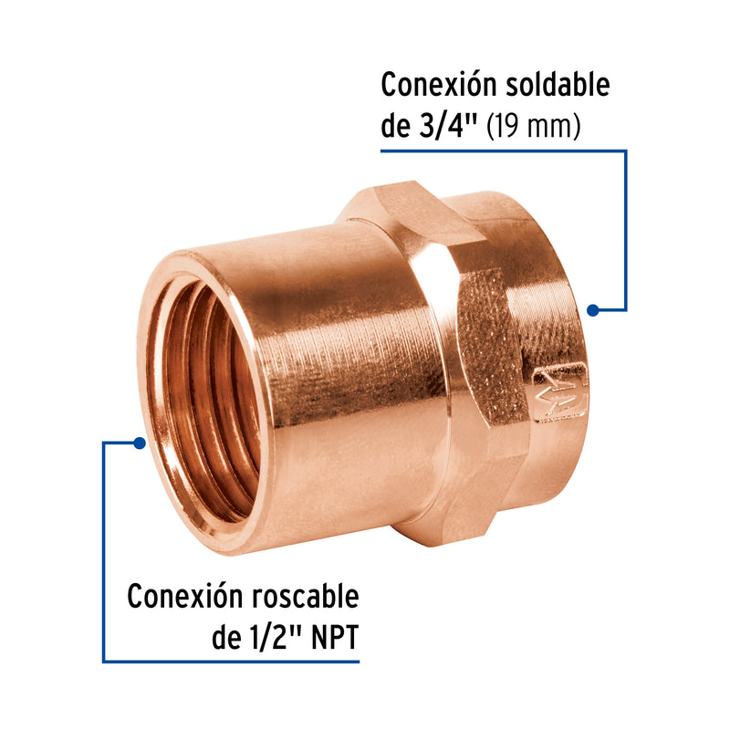 Conector Cobre Reducido Interior 3/4" (19 mm) Soldable X 1/2" (13 mm) Roscable Copperflow