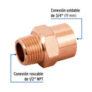 Conector Cobre Reducido Exterior 1/2" Roscable X 3/4" Soldable Foset