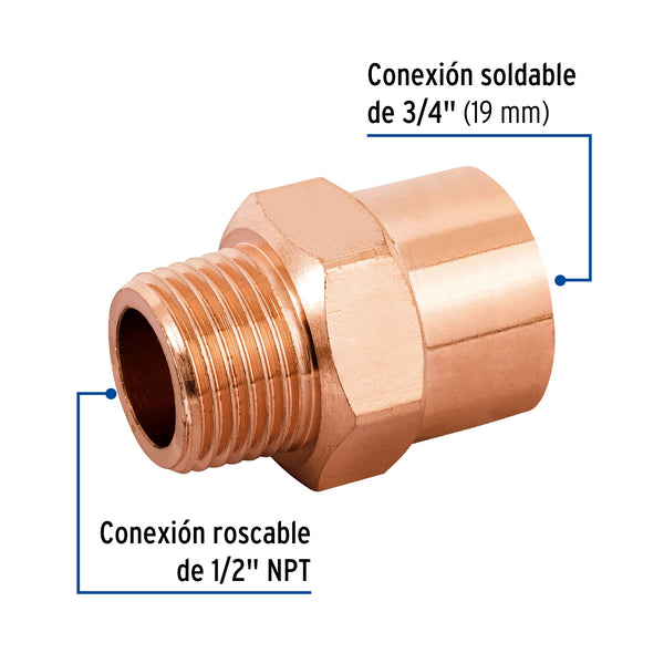 Conector Cobre Reducido Exterior 1/2" Roscable X 3/4" Soldable Copperflow