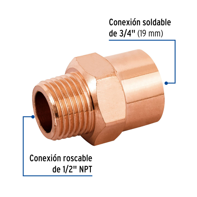 Conector Cobre Reducido Exterior 1/2" Roscable X 3/4" Soldable Copperflow