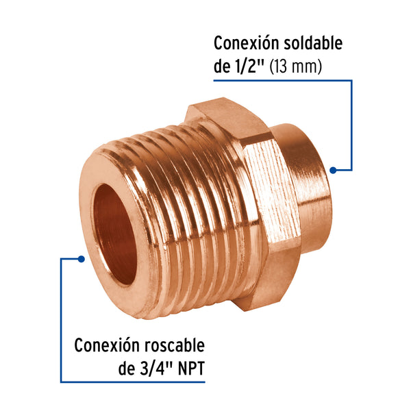 Conector Cobre Reducido Exterior 3/4" (19 mm) Roscable X 1/2" (13 mm) Soldable Copperflow