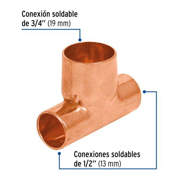 Tee Cobre Reducida 1/2" X 1/2" X 3/4" Copperflow