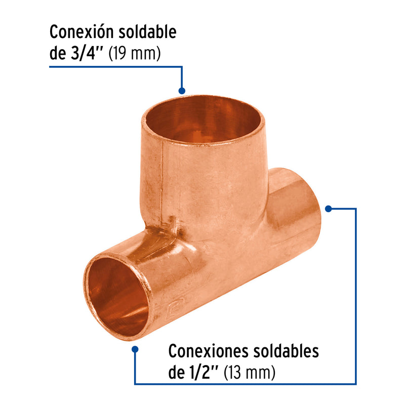 Tee Cobre Reducida 1/2" X 1/2" X 3/4" Copperflow