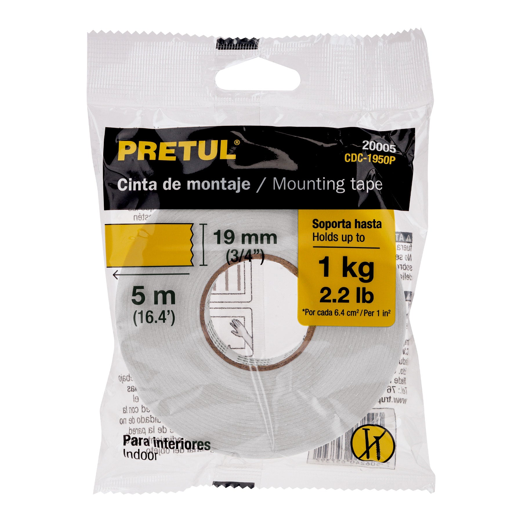 Cinta de Montaje 19 mm x 5 mts Doble Cara Blanca Pretul
