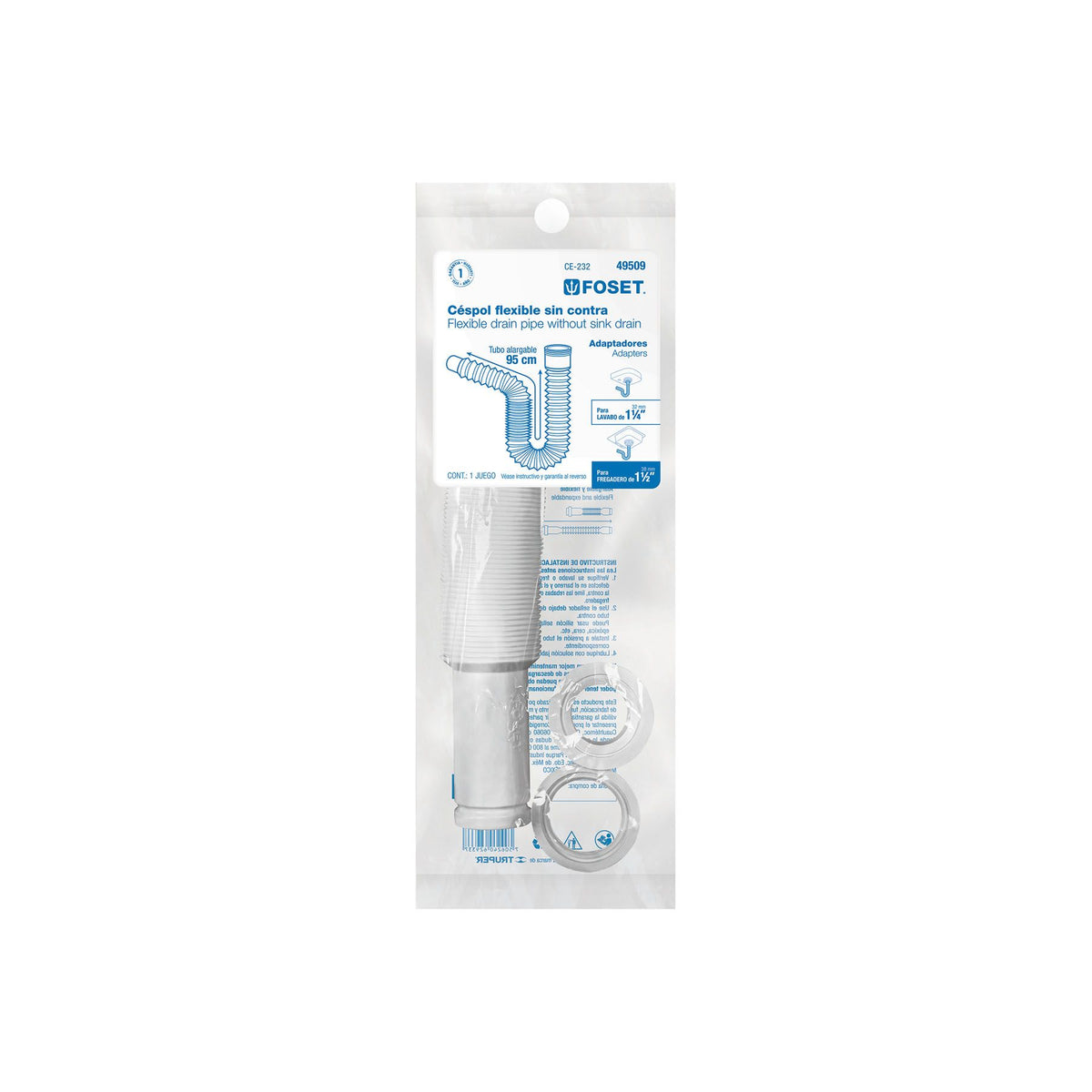 Cespol Flexible Tipo "P" para Lavabo o Fregadero Extra Largo Blanco Foset