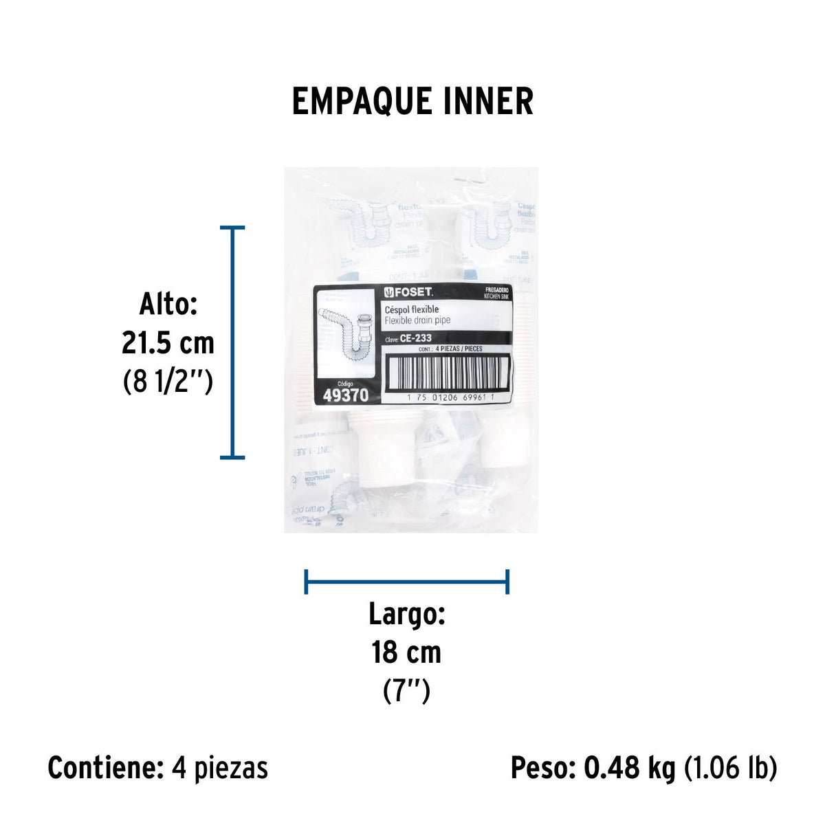 Cespol Flexible Tipo "P" para Fregadero de Polipropileno Foset