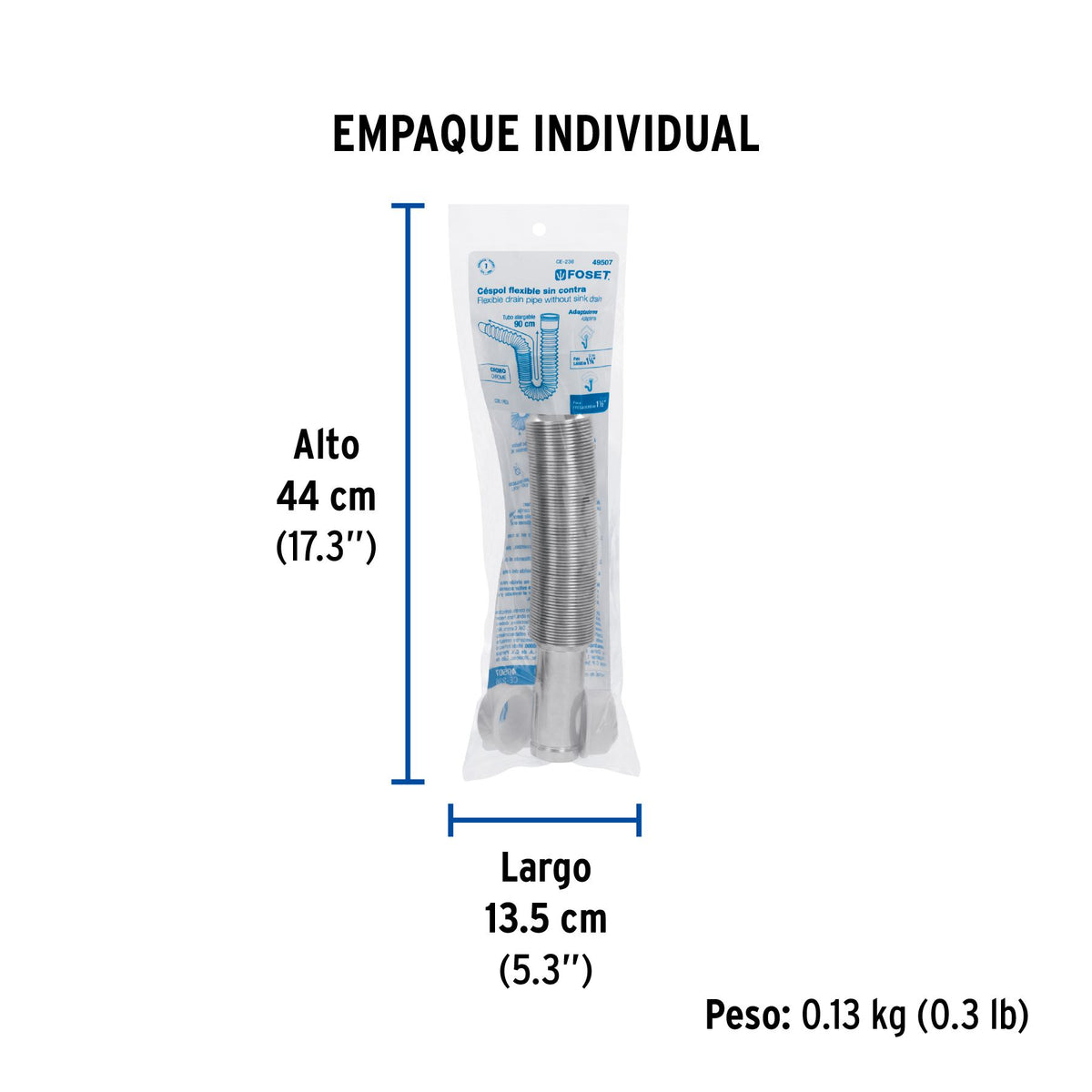 Cespol Flexible Tipo "P" para Lavabo o Fregadero Extra Largo Cromo Foset