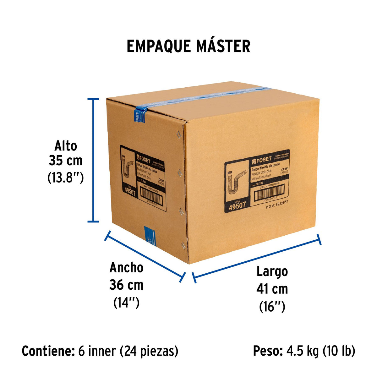 Cespol Flexible Tipo "P" para Lavabo o Fregadero Extra Largo Cromo Foset