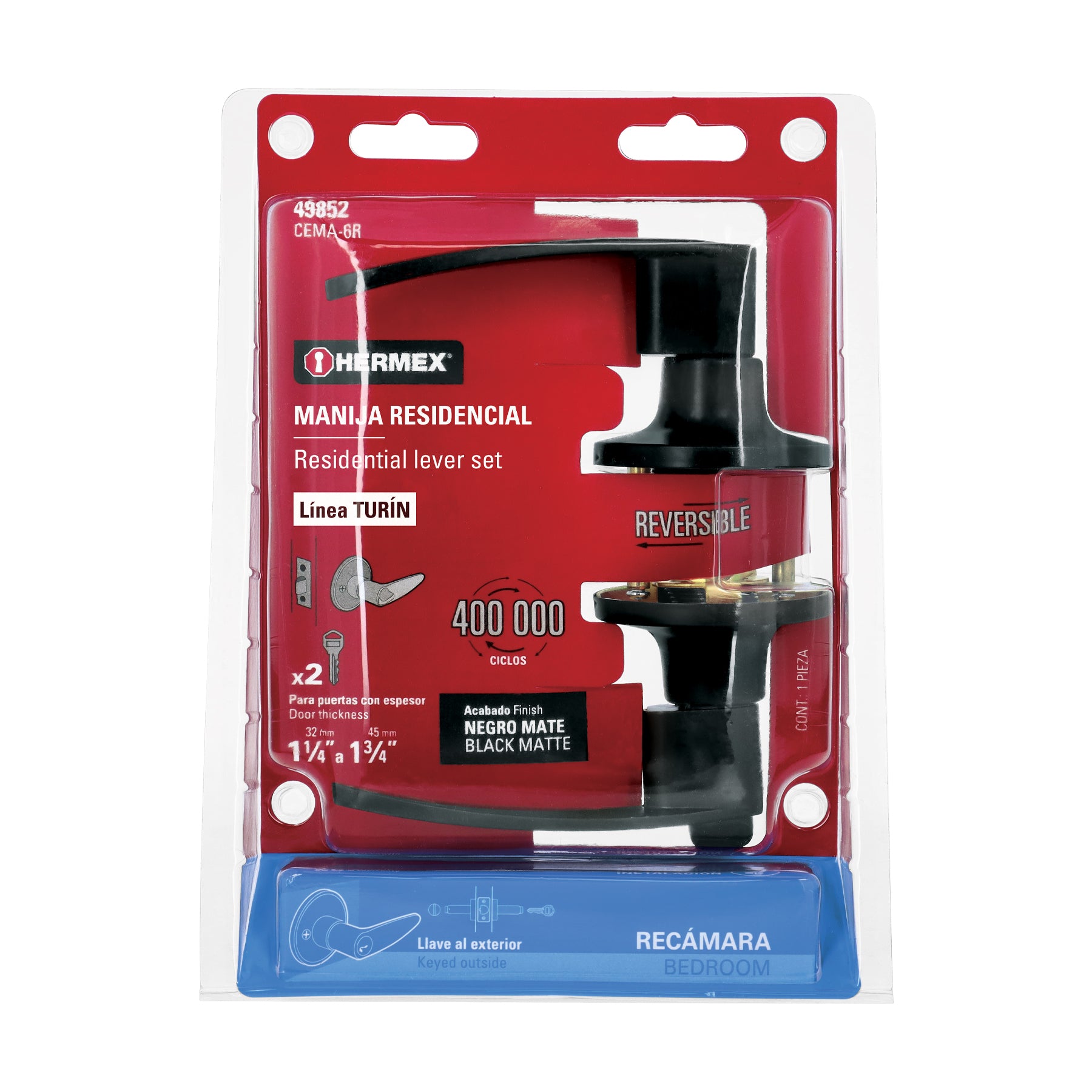 Cerradura Manija Cilindro de Laton Hermex para Recamara Negro