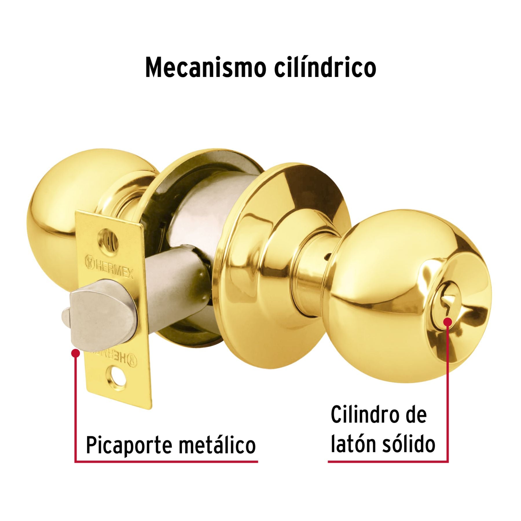 Cerradura Tipo Esfera Cilindrico HERMEX Laton Brillante Recamara