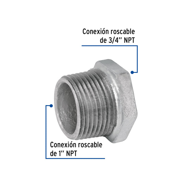 Reduccion Bushing Galvanizada 1" (25 mm) x 3/4" (19 mm) Galvaflow