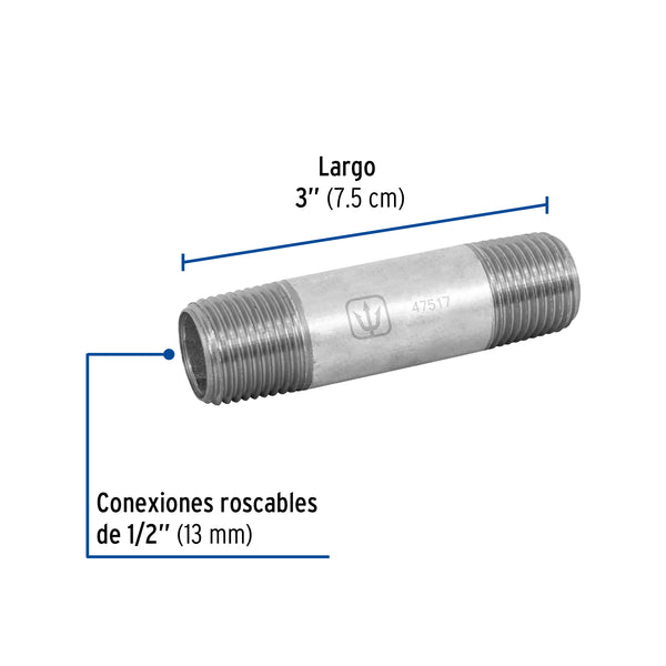 Niple Galvanizado 1/2" x  3" (13 mm x 7.5 cms) Galvaflow