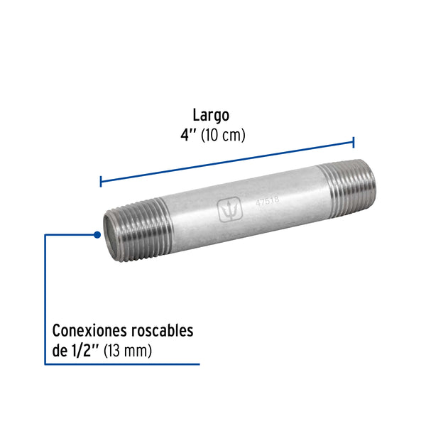 Niple Galvanizado 1/2" x  4" (13 mm x 10 cms) Galvaflow